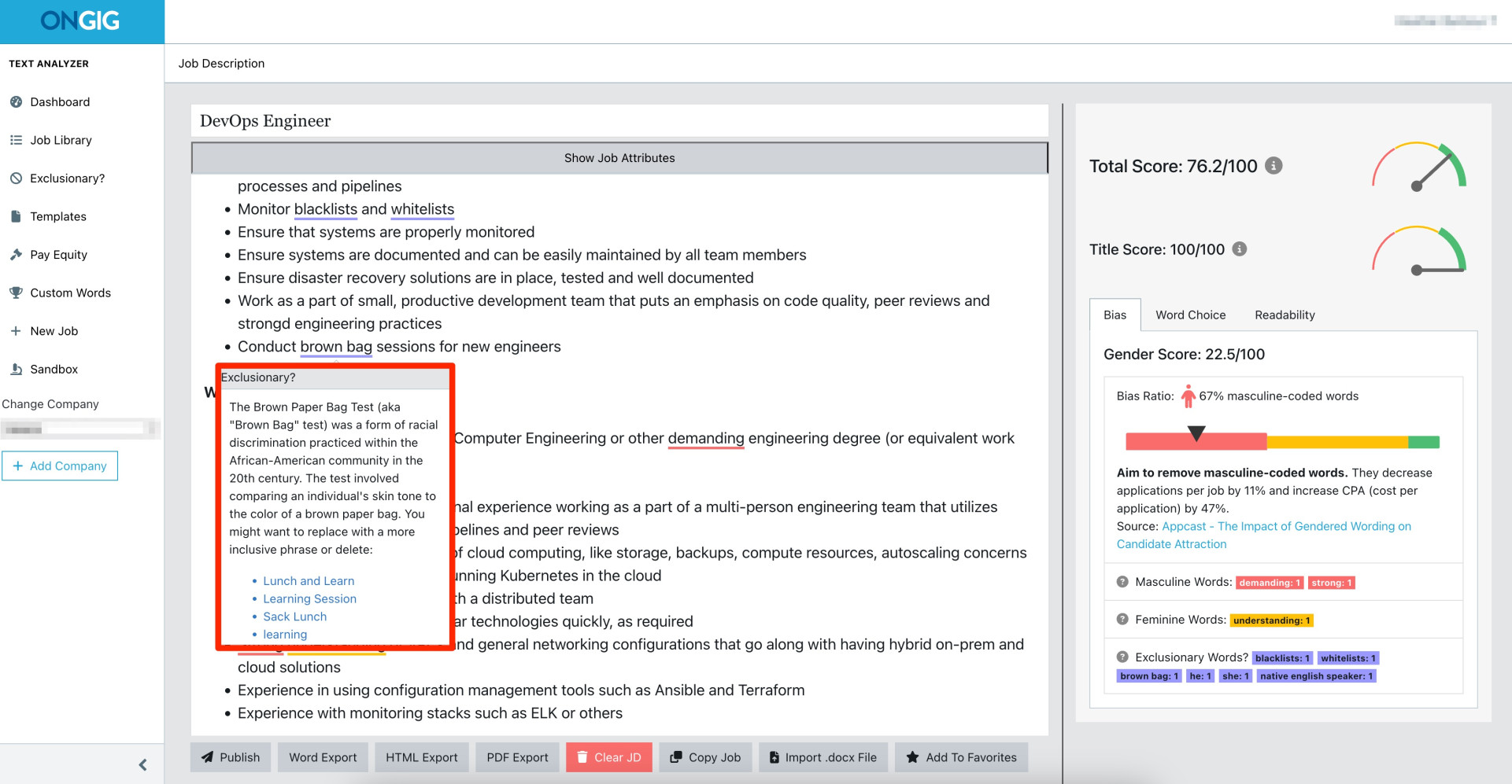 ongig exclusionary words screenshot
